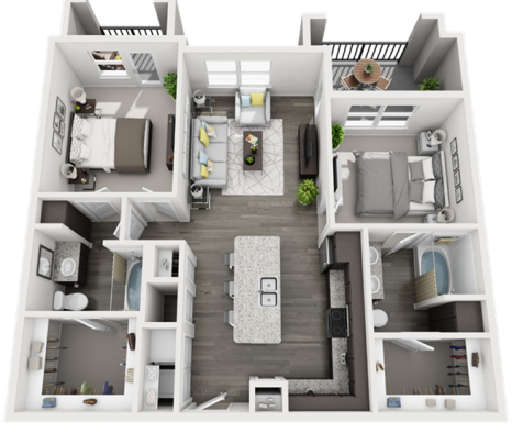 a 3d rendering of a two bedroom apartment at The Discovery Park
