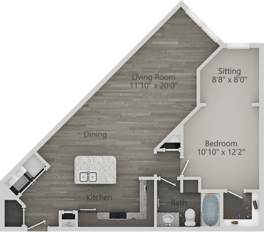the floor plan for a one bedroom apartment at The Discovery Park